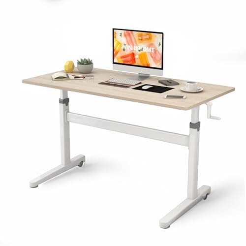 Win Up Time Manual Standing Desk Height Adjustable - Portable Sit to Stand Home Office Desks - Non-Electric Rising Table with Hand Crank and Rolling Wheels - 55 Inch Maple Whole Piece Wood Desktop
