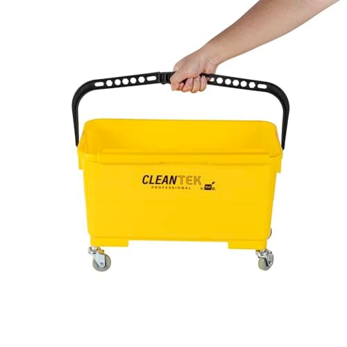 Restaurantware-Clean Tek Professional 25 Quart Cleaning Bucket with Sieve, 1 Bucket with Casters - Comfort-Grip Handle, Heavy-Duty, Yellow Plastic, for Cleaning Kitchens, Restaurants 9
