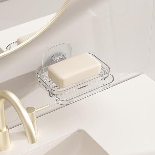 MJXKBB Soap Dish for Shower Clear Soap Holder with Self-Draining Design No Drilling Required Strong Fixation for RV Bathroom and Kitchen Easy to Clean and Space Saving（ Clear Adhesive 1 Pack） 5