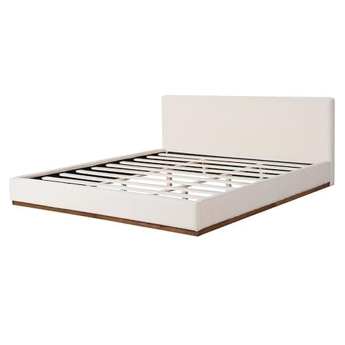 Merax King Size Bed Frame, Elegant Fabric Upholstered Platform Bed with Tall Padded Headboard for Bedroom, Solid Wood Slats Support, No Box Spring Needed, Easy Assembly, White 5