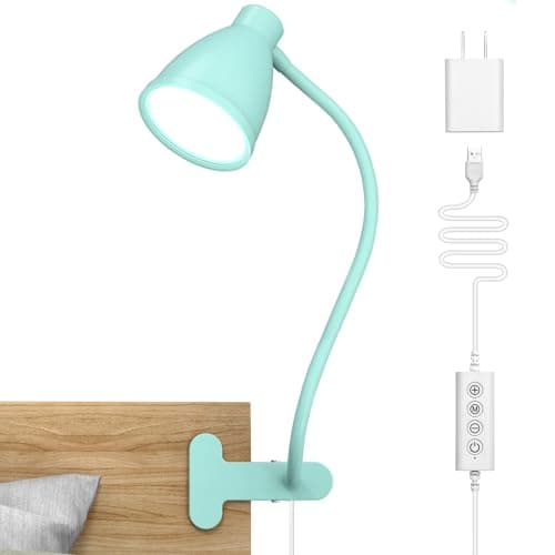 BOHON Desk Lamp with Clamp, 10W 38 LED Clip on Light, 5 Color 10 Brightness Auto Off Timer, Flexible Gooseneck Clip Lamp, Desk Lights for Office Home Bed Bedside Reading, Adapter Include, Teal