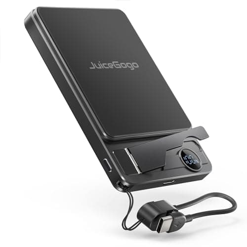 JuiceGogo 10000mAh Magnetic Power Bank, Qi2 15W Wireless Charger, 22.5W USB-C, TSA-Approved, Foldable Stand & LED Display for iPhone 17/16/15/14, Apple Watch, AirPods (Black)