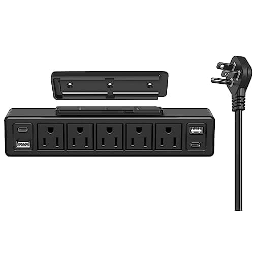 40W Under Desk Power Strip Mountable,20W USB-C Fast Charging Flat Plug Power Strip Surge Protector 1200J,9 in 1 Desk Outlet,5 Outlets,2 USB-C,2 USB-A,10FT Extension Cord Black