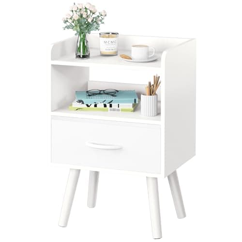 Yoobure Modern Nightstand with Drawer, Bedside Tables, Mid Century Nightstands with Open Storage Shelf, Wood Bedside Table, Small Night Stands for Bedrooms, 2-Tier Night Table