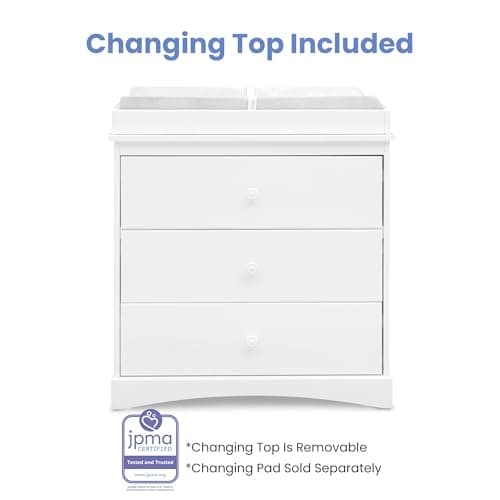 Delta Children Sutton 3 Drawer Dresser with Changing Top and Interlocking Drawers - Greenguard Gold Certified, Bianca White 8