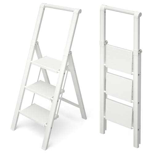 HillhutApex 3 Step Foldable Aluminum Step Ladder with Handgrip, Anti-Slip Pedal, 330 lbs Capacity, Lightweight & Portable for Home, Kitchen, Office, Garage (White)