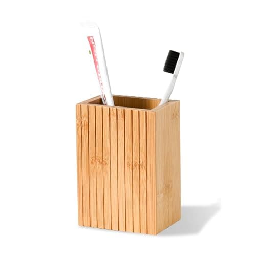 Natural Bamboo Toothbrush Holder, Fluted Square Design for Countertop, Multipurpose Pen Holder or Desktop Organizer, Natural