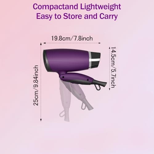 CONFU 1600W Small Portable Travel Hair Dryer with Folding Handle, Lightweight Hair Dryers for Women, Compact Hair Dryers with Nozzle, Mini Blow Dryer, Purple 6