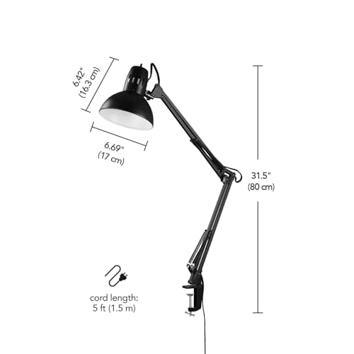 Globe Electric 56963 31.5" Multi-Joint Desk Lamp with Metal Clamp, Black, On/Off Rotary Switch on Shade, Partially Adjustable Swing Arm, Home Essentials, Reading Light, Office Décor 7
