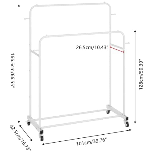 Laiensia Double Rods Garment Rack with Wheels, Clothing Rack for Hanging Clothes,4 Hooks, Multi-functional Bedroom Clothes Rack, White 2