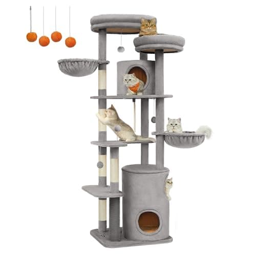 Feandrea Cat Tree, 77-Inch Tall Cat Tower for Large Cats, Multi-Level Plush Cat Condo with 2 Perches, 3 Caves, 2 Baskets, 5 Scratching Posts, 4 Pompoms, Self-Groomers, Light Gray UPCT153W01