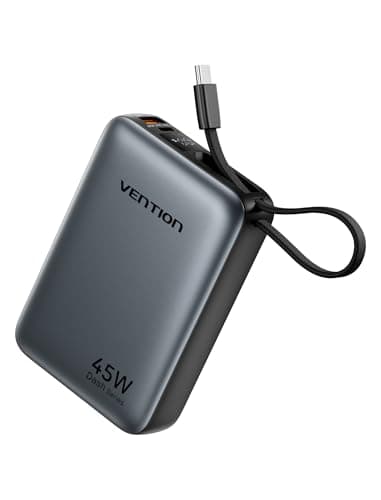 VENTION 45W Power Bank, CCC Certified 20000mAh with Built-in USB-C Cable, Fast Charging Travel Portable Charger with LED Digital Display for iPhone 17/16/15 Xiaomi Galaxy S26/S25 iPad Laptop(Gray)