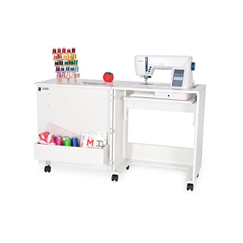 Arrow Sewing Classic Furniture “Judy” Sewing Cabinet: Portable, Folding, Compact, Locking Wheels, with Storage Bin and Hydraulic Machine Lift-White 6