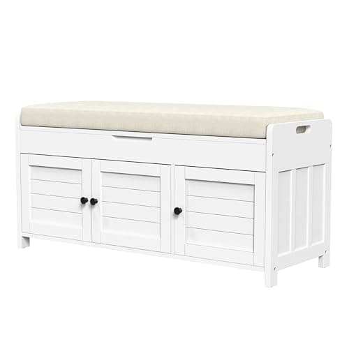 43.5" Shoe Storage Bench for Entryway, Bench with Shoe Storage, Storage Bench with Cushion and Hidden Storage, Shoe Bench with Storage for Entryway, Hallway, Mudroom and Living Room, White 9