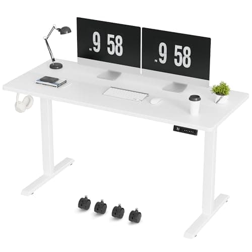 Furmax Electric Standing Desk, 55 x 24 Inches Height Adjustable Desk with Removable Casters, Home Office Computer Desk (White)
