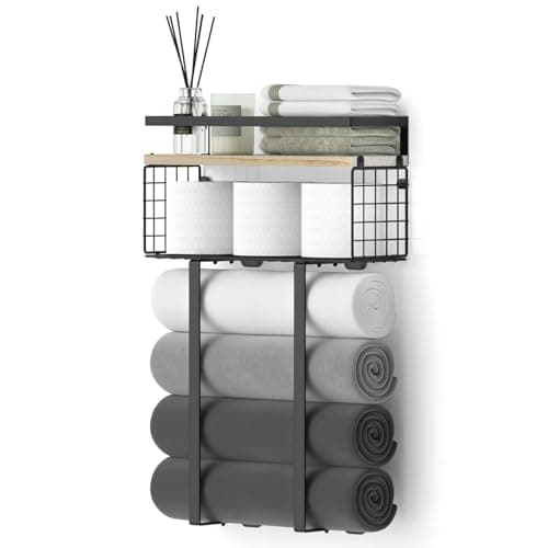Xstydes Towel Racks for Bathroom, Metal Towel Holder with Storage Basket,Wall Towel Rack for Rolled Towels, Towel Storage for Small Bathroom. 8