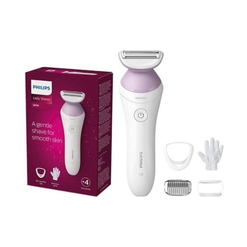 Philips Lady Shaver Series 6000, Single Foil Shaver - Wet & Dry, Cordless - Includes 4 attachments (trimming comb, soft glide cap, skin stretcher, exfoliation glove) - White/Purple - BRL136/00