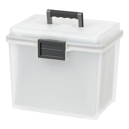 IRIS USA File Box WeatherPro Portable File Organizer Plastic File Box for Letter File w/ Organizer-Lid, Durable Lid and Seal w/ Secure Latching Buckles, Stackable and Nestable, Pearl 19 Qt. 1 Pack