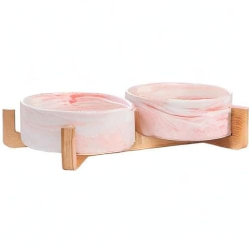 Marble Pink Ceramic Cat Dog Bowl Dish with Wood Stand No Spill Pet Food Water Feeder Cats Small Dogs Set of 2 8