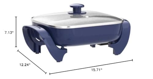GreenLife 12" 5QT Square Electric Skillet, Glass Vented Lid, Ceramic PFAS-Free Nonstick Coated Interior, Adjustable Temperature Control, Cool Touch Handles, Quick Even Heating, Scratch Resistant, Blue 9