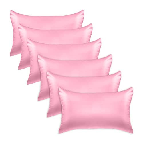 Elegant Comfort 6-Pack Cooling Viscose Satin Pillowcase Set with Hidden Zipper Closure, Silky Smooth for Hair and Skin Care-Beautiful Gift Box-6-Piece Satin Pillowcase Set, Standard/Queen, Light Pink