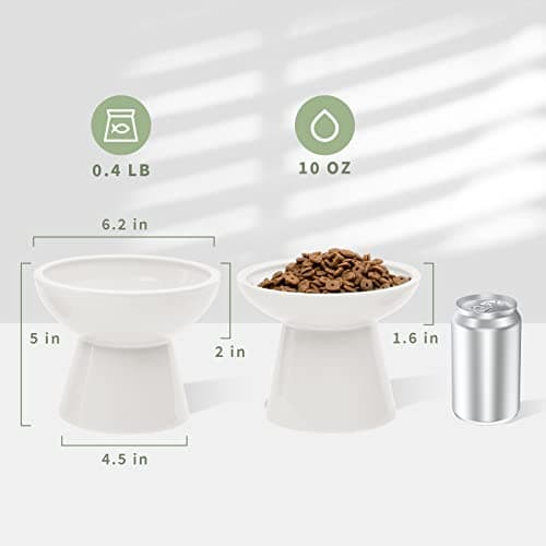 CEEFU 2 Elevated Ceramic Cat Bowls Extra Wide for Food & Water – Whisker Fatigue Shallow Food Dish, Lead & Cadmium-Free, Raised Height for Cats and Dogs, Two Different Depth Bowls, White 8