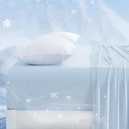 PHF Luxury Cooling Fitted Sheet King Size for Spring Summer, Breathable Q-Max > 0.47 Widen 18" Deep Pocket Silky Bottom Sheet for Hot Sleeper Night Sweats, Ice Blue