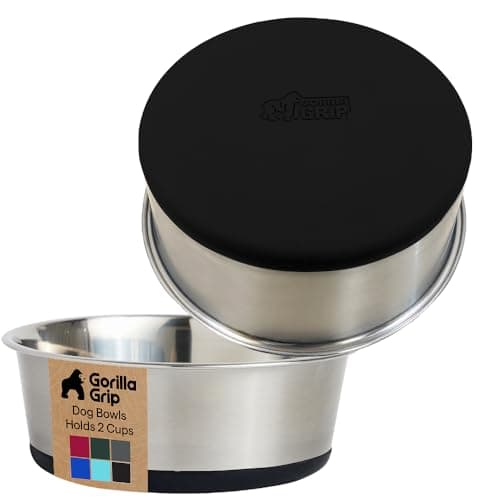 GORILLA GRIP Dog Bowls, Food Grade 304 Stainless Steel, Holds 2 Cups Each (16 fl oz) Food and Water Bowl for Feeding Dogs and Cats, Dishwasher Safe, Rust Resistant, BPA Free Rubber Base Set of 2 Black