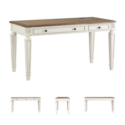 Signature Design by Ashley Realyn Home Office Lift Top Desk, USB Charging, Spring Lift Top, Smooth-gliding Drawer, 60" W x 28" D x 31" H, Chipped White and Brown 6