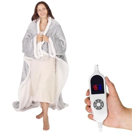 Butizone Heated Throw Blanket with Sleeves, Wearable Electric Blanket with Foot Pocket, 6 Adjustable Heat Settings, 70 * 50", Cozy Flannel and Sherpa, Grey