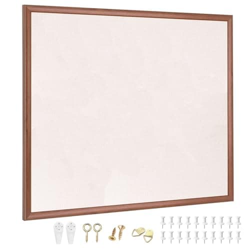 AMKIOKIO 20 x 30 inch Large Linen Bulletin Board, Cork Board for Walls, Walnut Wood Style Frame, Vision Board, Pin Wood, Ideal for Shool, Home and Office