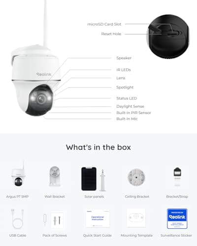 REOLINK Security Cameras Wireless Outdoor, Pan Tilt Solar Powered, 5MP 2K+ Color Night Vision, 2.4/5GHz WiFi, Smart Cameras for Home Security, Works with Home Hub, Argus PT + Solar Panel 9