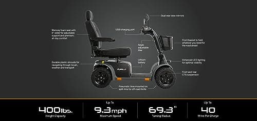 Pride Pursuit 2, Outdoor Mobility Scooter, 400 lbs. Weight Capacity, with 5-Year Extended Warr (Grey, 18″ × 18″ – 20″ Seat, 50 Ah Battery) 8