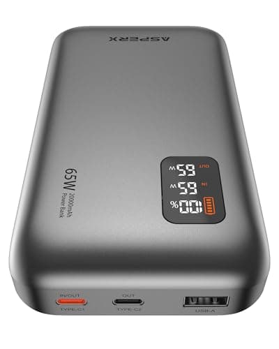 AsperX 65W Power Bank, 20,000mAh Laptop Portable Charger, PD 3.0 Fast Charging Travel Essential USB C Battery Pack for MacBook,iPhone 17/16/15/14 Series,Galaxy S24,Dell XPS, Switch,ipad,Steam Deck