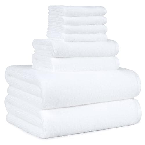 Amazon Basics 100% Cotton Soft Quick-Dry 8-Piece Towel Set, Bath Towels, Hand Towels, Washcloths, White, Compact & Lightweight