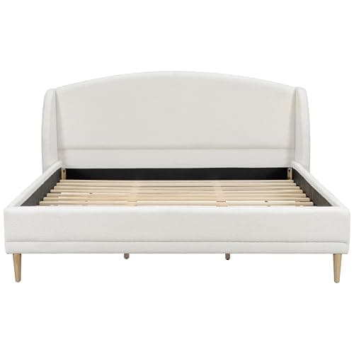 Christopher Knight Home Hazel King Size Bed Frame, Upholstered Platform Bed, Soft Boucle Wingback Headboard, Wood Bed Support and Slats, Curved-Shaped Headboard King Beds for Adult, 45.60" H White 6