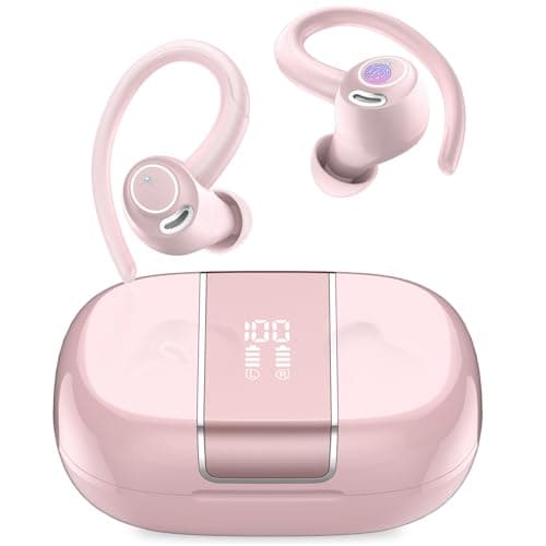 Wireless Earbuds Bluetooth 5.3 Headphones Sports, 48Hrs Playtime Bluetooth Earbuds with CVC 8.0 Mic, 2026 Stereo Bass Over Ear Bud with Earhooks, LED Display, IP7 Waterproof Earphon for Running Pink