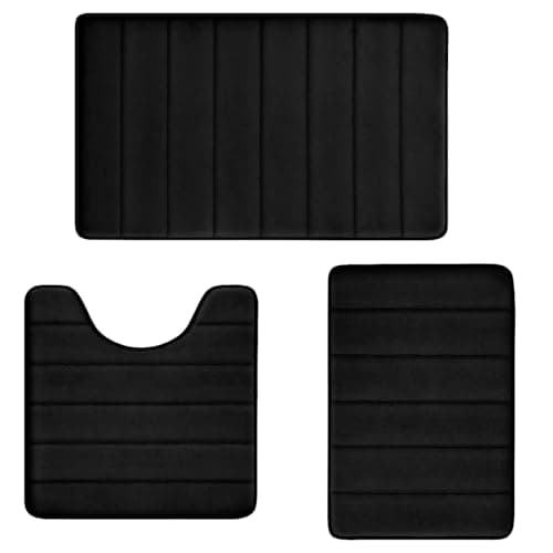Bathroom Rugs Set Memory Foam Bath Rugs Non-Slip Bath Mat Set 3 Piece,Washable Bathroom Mats,Absorbent Shaggy Rugs Super Soft U-Shaped Toilet Rug,Bahroom Carpets for Bathroom,Tub,Shower（Black）