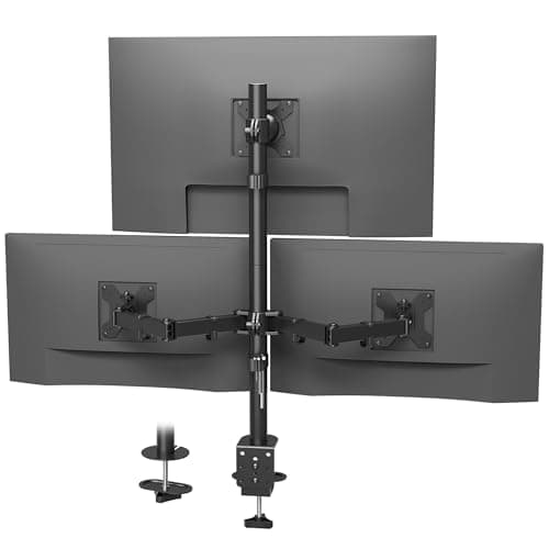 BONTEC Triple Monitor Desk Mount, Supports 13-32 Inch Screens, Full Motion Adjustability, VESA 75x75/100x100mm, Up to 22lbs per Arm, C Clamp and Grommet Mounting Options, Cable Management