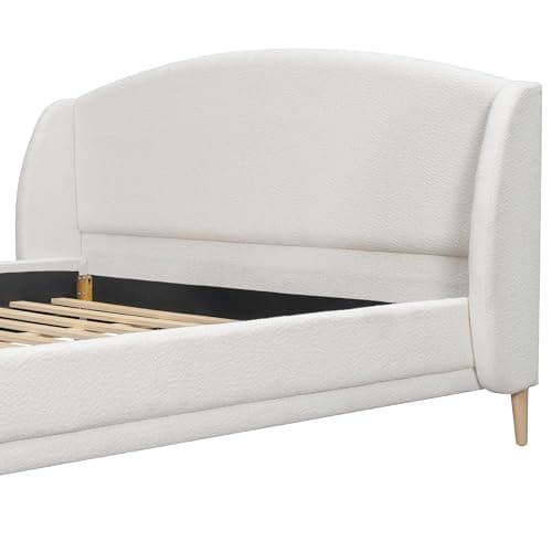 Christopher Knight Home Hazel King Size Bed Frame, Upholstered Platform Bed, Soft Boucle Wingback Headboard, Wood Bed Support and Slats, Curved-Shaped Headboard King Beds for Adult, 45.60" H White 11