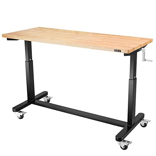 WORKPRO 60” Height Adjustable Work Table with Crank Handle and Casters, 60” x 24” Wooden Top Standing Desk Workbench, Heights from 29”-38”, 500 Lbs Load Capacity for Garage