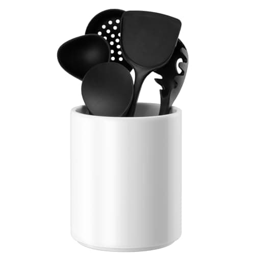 Allybyme Utensil Holder Kitchen Utensil Holder for Countertop, Ceramic Cooking Utensil Holder for Kitchen Counter, Large Modern Spatula Holder Utensil Organizer Kitchen Decor, 6.5”H x 5.5”D White 8