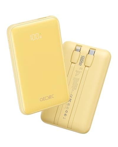 Qecvec Portable Charger 10000mAh, Cell Phone Portable Power Banks with 22.5W PD Fast Charging, Compact Phone Charger Built in Cable, Compatible with Apple, Samsung, Google, Motorola and More-Yellow