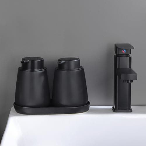 Eyrozia Matte Black Round Soap Dispenser Tray - 8'' Ceramic Vanity Tray for Bathroom Decorative, Jewelry Ring Dish, Comestic Holder, Kitchen Sink Countertop Organizer Plate 5