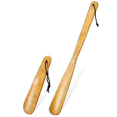 GLEAVI 2 Pack Wood Shoe Horn Set, Long Handle Boot Helper for Seniors, Portable Travel Shoe Spoon, Solid Wooden Lifter with Hanging Loop (15.7" & 6.3") 9