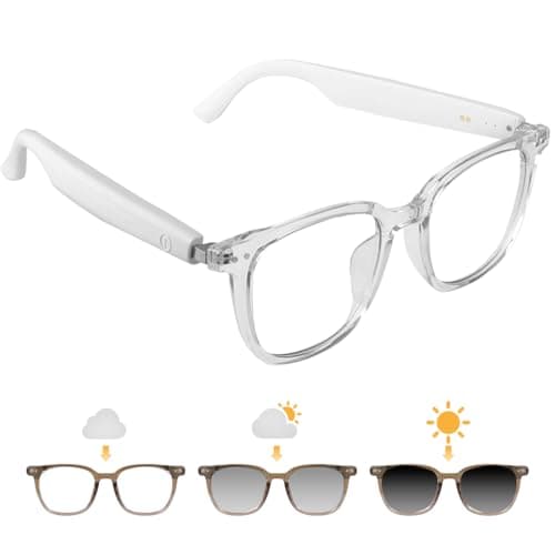 Smart Glasses for Women Men, Bluetooth Glasses with Photochromic Lenses, Touch Control Voice Assistant for Clear Audio, Transparent Frame and White Legs, Wearable Tech Glasses for Working Relaxing