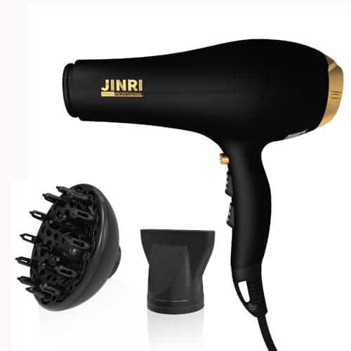 JINRI Hair Dryer, 2000W, 3 Heat & 2 Speed, Detachable Air Intake, with Diffuser, with Concentrator, Hanging Strap, Non-Foldable, Black