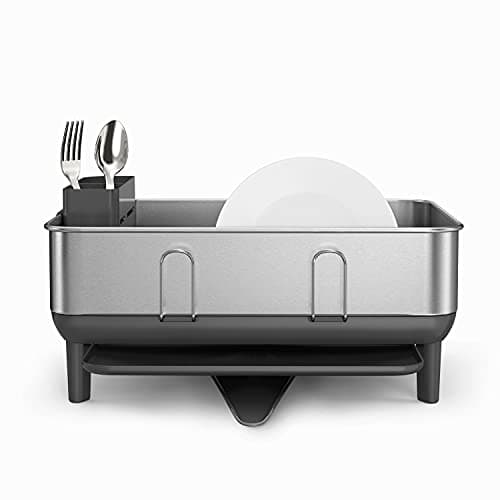 simplehuman Compact Dish Drying Rack with Stainless Steel Frame, 360º Easy Drain Swivel Spout, Utensil Holder, Anti-Residue Coating, Moisture Control Surface, Grey 2