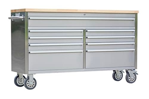 IDEALHOUSE 61 inch Rolling Tool Chest, Garage Workbench with 9 Drawers, Solid Rubber Wood Top & with Wheels Lock Key Locking, Mobile Workstation Tool Cabinet for Workshop Storage 9