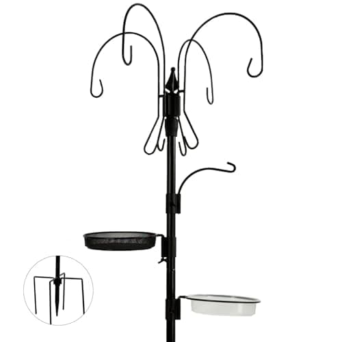 Kodope Bird Feeder Pole, 75 Inch 5 Hooks Heavy-Duty Feeder and Water Dispenser Shepherd, Bird Feeding Station with Ground Stake for Outdoors Shepherd Hook